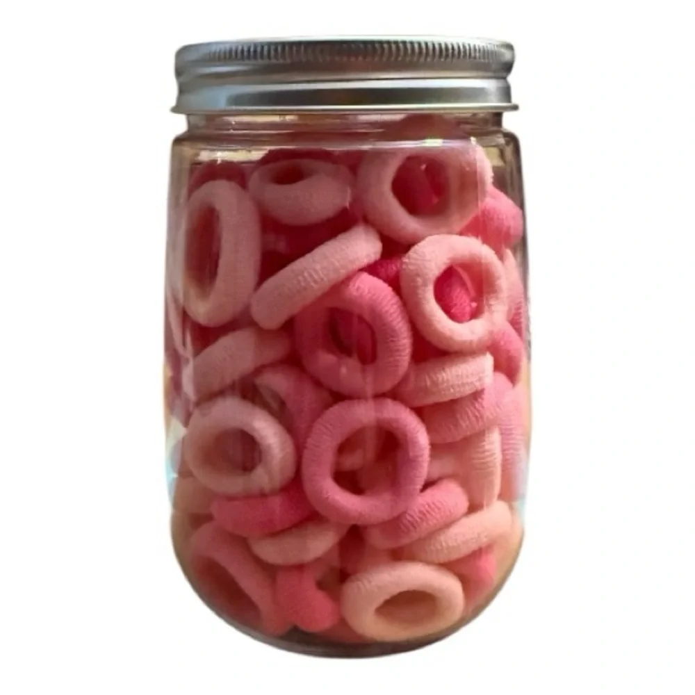 Pink Hair Ties in Plastic Jar